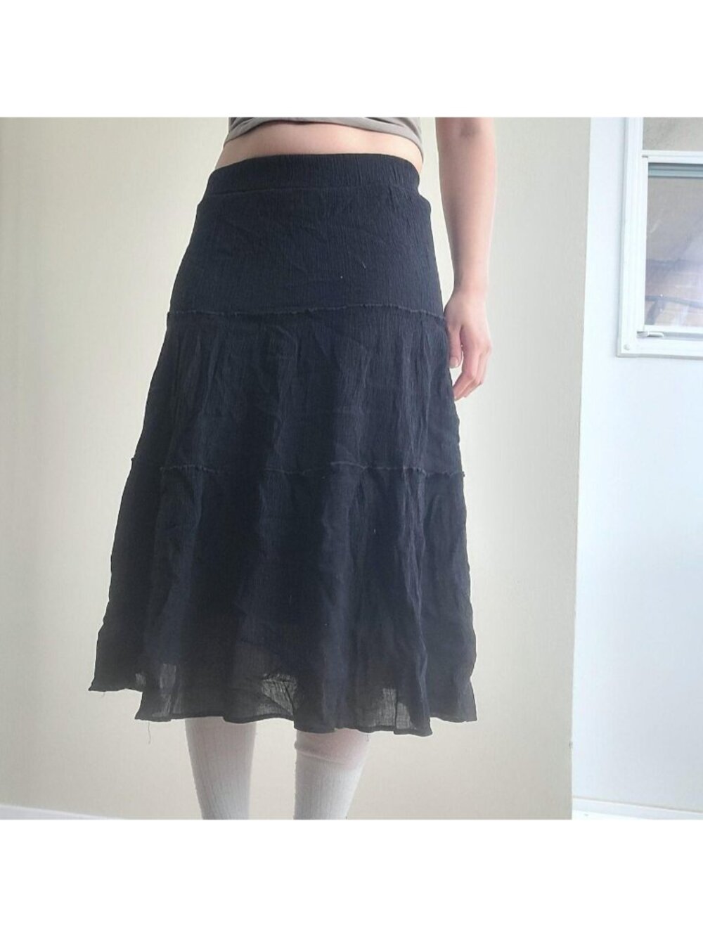 Whimsigoth Layered Black Crinkle Mesh Lace Trim Maxi Summer Skirt (One Size)